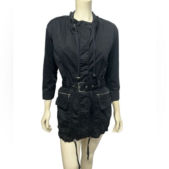 Calvin Klein Black coat long army trench coat Jacket with belt many pockets fall - Picture 1 of 9